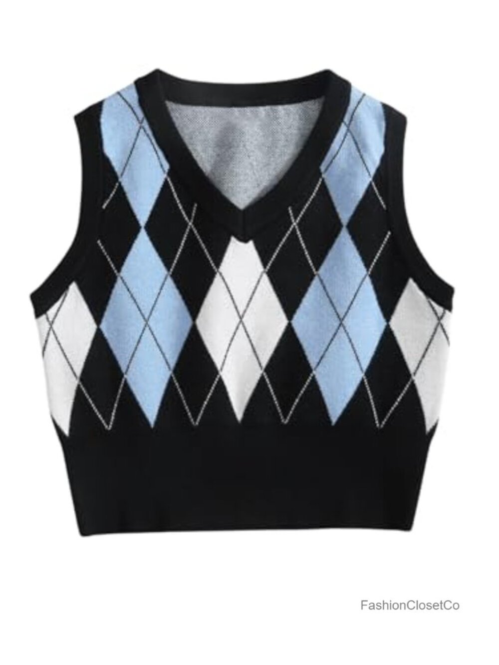 Argyle Plaid V Neck Sweater Vest Sleeveless Knitted Crop Top